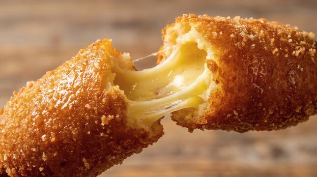 Crispy golden fried snack pulled apart, revealing gooey, stretchy melted cheese inside with a delicious cheese pull.