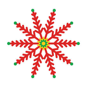 Decorative red snowflake icon with green dots and yellow star center isolated on white background for Christmas winter holiday design