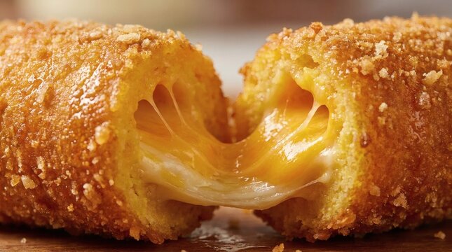 Golden Fried Cheese Stick Pulled Apart, Revealing Gooey Stretchy Melted Cheese Inside