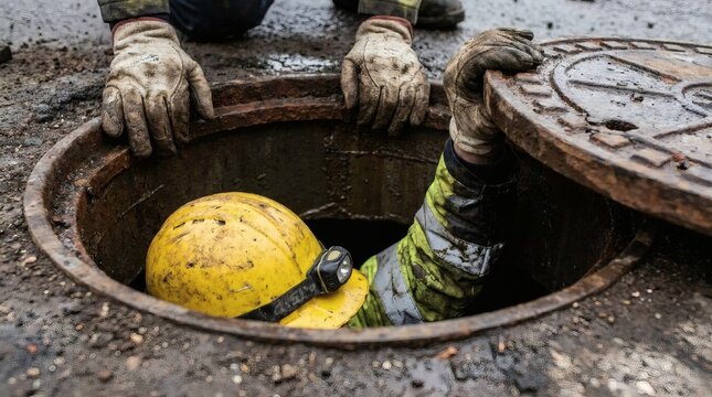 Utility worker accessing manhole for underground infrastructure inspection and maintenance, wearing safety hard hat and gloves.