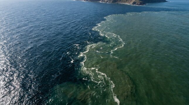 Aerial view of a dramatic confluence where dark blue ocean water meets murky green river water near a rugged coastline