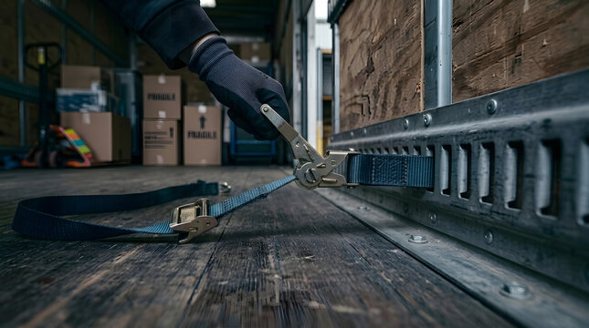 Securing Cargo with Ratchet Tie Down Strap Inside Truck | Worker Fastening Ratchet Strap to E-Track in Cargo Trailer | Cargo Securing Ratchet Tie Down Strap Inside Transport Van 