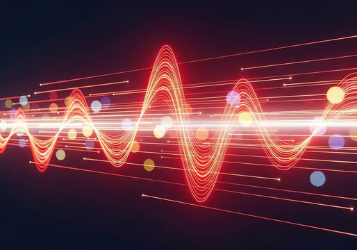 Abstract futuristic background featuring glowing red and orange neon wave lines moving at high speed with bokeh lights for data transfer, concept, luminous, blurred