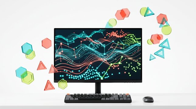 Abstract digital waves and glowing geometric shapes floating around computer monitor, futuristic data visualization, colorful neon lines and dots representing artificial