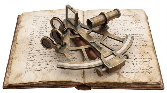 Vintage brass sextant sits on an antique handwritten manuscript