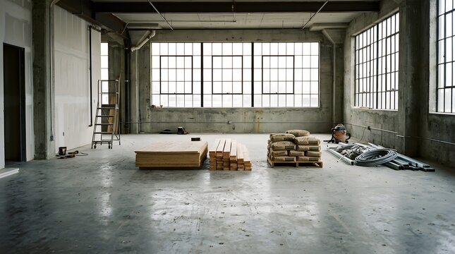 Industrial warehouse interior renovation with building materials