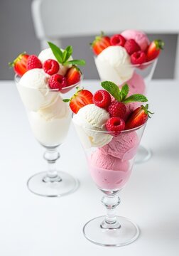Elegant glasses filled with white and pink ice cream, topped with fresh raspberries, strawberries, and mint on a bright table background, cream, luxury, vanilla