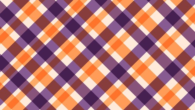 Diagonal plaid seamless pattern with orange purple and cream tartan grid