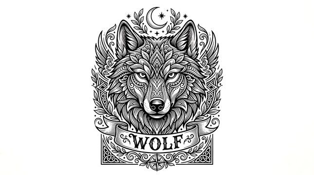 Intricate Wolf Head Illustration with Ornamental Mandala Patterns, Crescent Moon, and Banner Ribbon