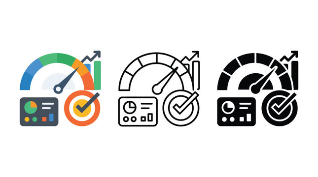 Business performance dashboard speedometer icon set featuring high score gauge meter analytics graph and verified target bullseye milestone checkmark