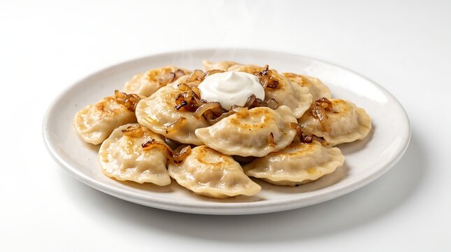Plate of traditional Polish pierogi dumplings with sour cream and fried onions.