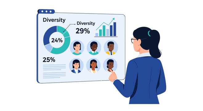 Businesswoman Analyzing Diversity Statistics and Workforce Demographics on Digital Dashboard for Corporate Inclusion and HR Analytics