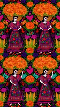 catrina, catrinas, D&iacute;a de Muertos, M&eacute;xico, cultura mexicana, tradici&oacute;n mexicana, arte mexicano, ilustraci&oacute;n, calavera, calaveras, cempas&uacute;chil, flores de cempas&uacute;chil, flores mexicanas, mariposas, ma&iacute;z,