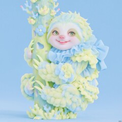 Naklejka premium Cute Sloth Sculpture, Fantasy Character Design, Blue and Yellow Clay Art, Sweet Face, Fluffy Fur, Adorable Creature, 3D Modeling, Collectible Figure