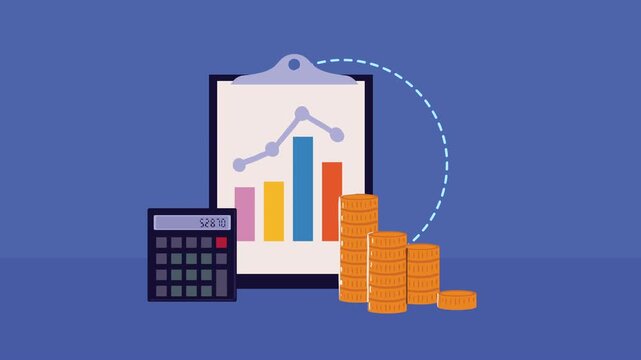 Animated chart on clipboard with coins and calculator, representing financial growth and analysis.