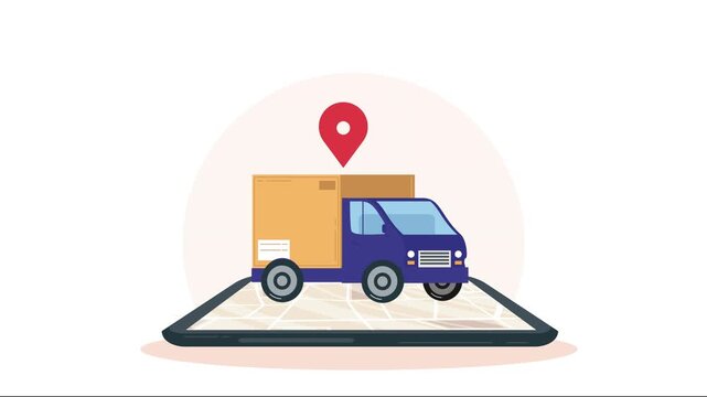 Delivery truck with map and GPS pin on a digital tablet screen representing online logistics and shipping service motion graphic.