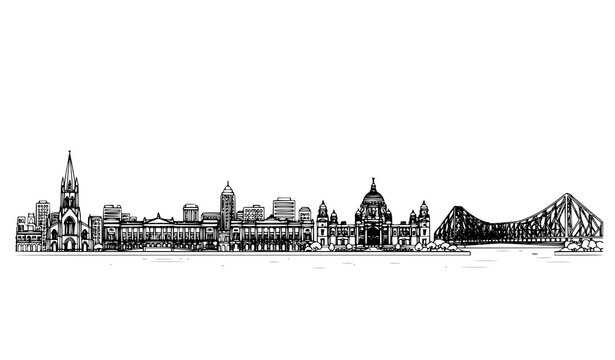 Kolkata Skyline with Famous Monuments and Architecture Line Art Vector