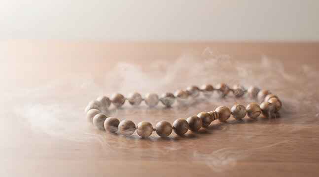 Wooden Prayer Beads or Misbaha on a Wooden Table with Incense Smoke for Meditation and Spirituality