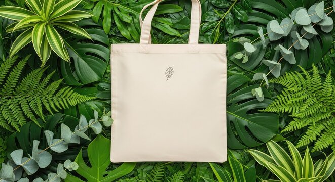Sustainable canvas tote bag with minimalist design sits among lush green leaves and plants, highlighting an eco-conscious lifestyle choice, textile, handle, shadow