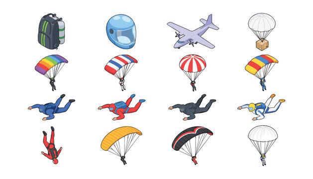 Isometric Skydiving and Parachuting Vector Icon Set Featuring Skydivers Flying, Colorful Parachutes, Cargo Air Drop, Airplane, Helmet, Backpack, Extreme Sport Elements