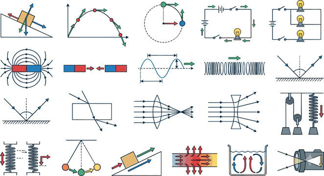 Physics Education and Scientific Diagrams Vector Icon Set with Mechanics Waves Electrical Circuits Lenses Optics and Magnetic Field Elements for School Design