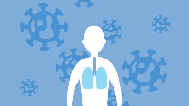 Animation of person with lungs and covid 19 cells floating around against blue background.
