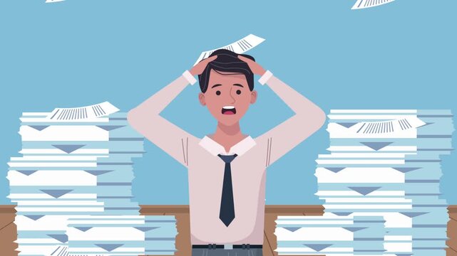 Stressed businessman overwhelmed by piles of paperwork in office setting.