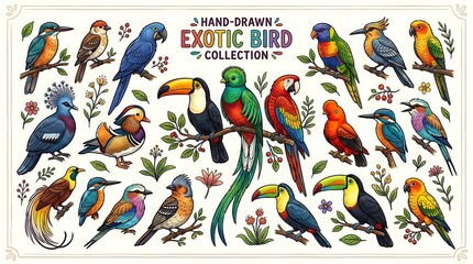 Naklejka premium Hand-drawn collection of exotic tropical birds featuring colorful parrots, toucans and quetzal