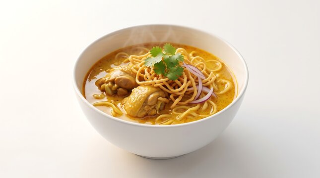Khao Soi Chicken Curry Noodle Soup in a White Bowl.
