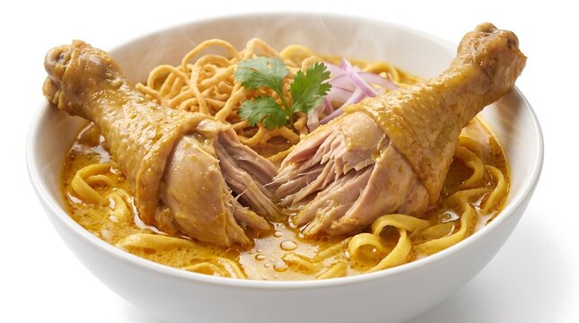 Delicious Northern Thai Khao Soi curry noodle soup with tender chicken drumsticks in a white bowl.