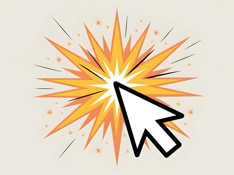 Cursor clicking on explosive burst with radiating lines and sparkles during a digital interaction