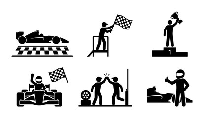 Naklejka premium Racing Victory Icons: Formula 1 Car, Podium Winner, Cheering Fans, Finish Line Celebration