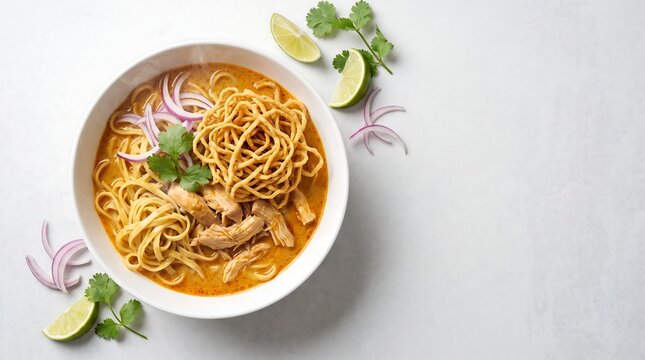 Bowl of Khao Soi Northern Thai curry noodle soup with chicken.