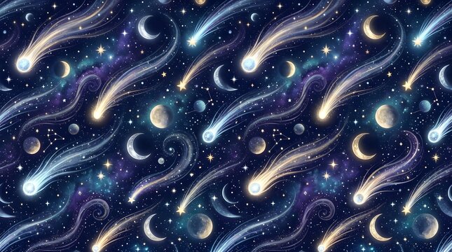 Seamless Pattern of Comets and Celestial Bodies in Deep Space.