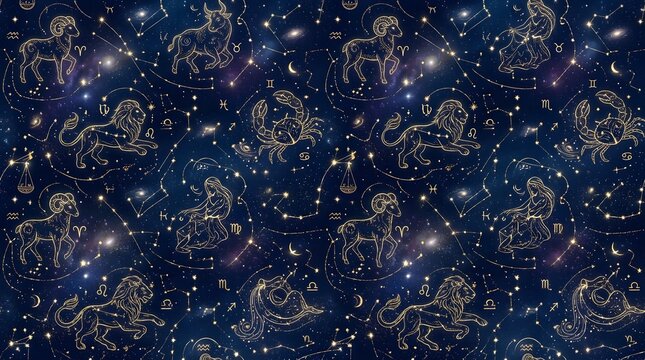 Seamless Pattern of Zodiac Constellations and Astrology Signs on Cosmic Background.