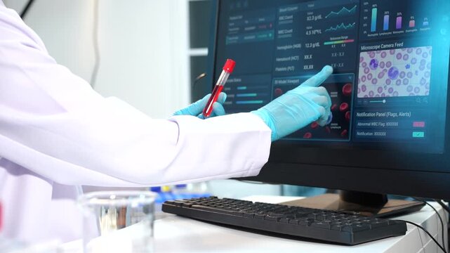 Scientist in blue gloves holds a blood sample tube while viewing cell analysis data and microscope images on a computer screen in a modern laboratory.
