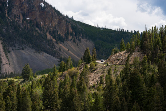 Scenic drive on Grand Loop Road to Kingman Pass, The Golden Gate area, pine forest and mountain, traveling in Yellowstone National Park for summer vacation
