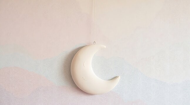 Minimalist White Hanging Crescent Moon with Sleeping Face on Pastel Pink and Blue Patterned Background