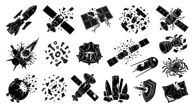 Space Debris Icons: Broken Satellites, Rocket Parts, Asteroids, Tech Failure