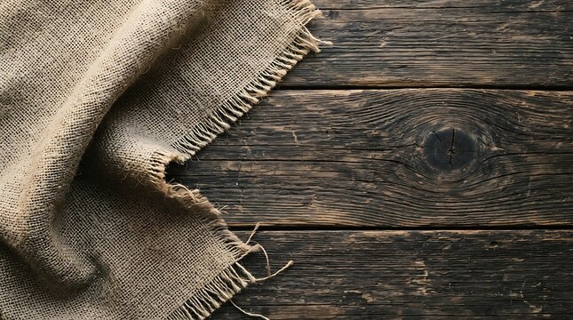 Rustic burlap sack cloth draped over aged dark wooden planks table background, top view