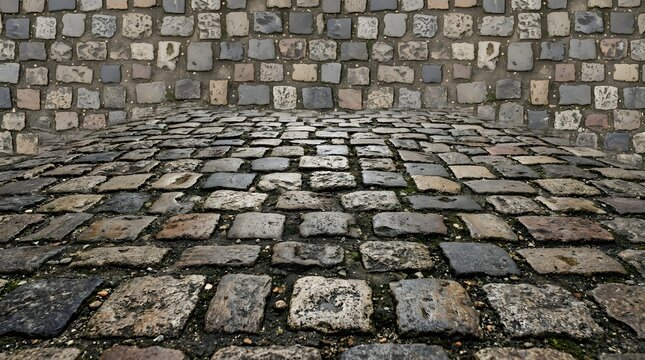 Old cobblestone street and stone wall texture background.