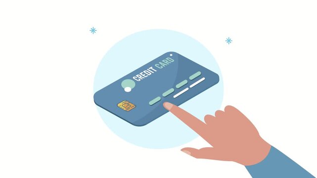 Close-up of hand pressing button on a blue credit card with chip for payment transaction.