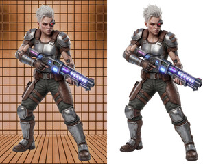 Obraz premium Frontier Sector Enforcer holding Futuristic Energy Shotgun, 3D Female Character Design Split View Asset with Bronze Grid Background