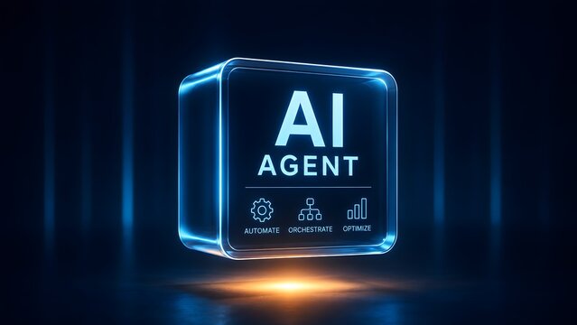 3D floating glass cube displaying AI agent concept with automate, orchestrate, and optimize icons in glowing blue light for artificial intelligence technology.