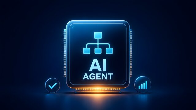 3D glowing digital microchip with AI agent text, flowchart icon, checkmark, and signal bars, representing smart automation and artificial intelligence performance.