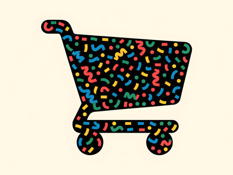Shopping cart filled with colorful abstract confetti pattern during a festive sale event