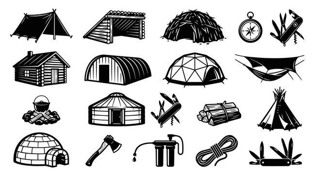 Outdoor Survival and Camping Black  White Line Art Icon Set featuring Wilderness Shelters, Tools, and Equipment Glyphs