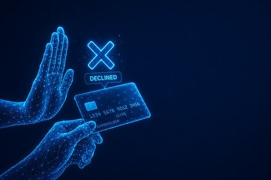 Digital wireframe hands holding a declined credit card with a cross symbol representing rejected payment. e-commerce fraud detection, hand gesture, payment rejection. e-commerce fraud detection