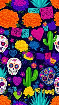 papel picado, calavera, D&iacute;a de Muertos, M&eacute;xico, cultura mexicana, tradici&oacute;n mexicana, arte mexicano, folclore, cempas&uacute;chil, flores, flores mexicanas, cactus, nopal, agave, maguey, coraz&oacute;n, dise&ntilde;o mexi