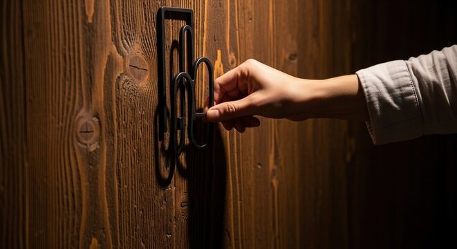 Hand unlocking rustic wooden door with vintage brass latch in dimly lit interior.